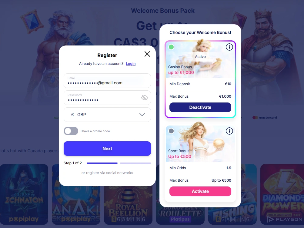 Registration step one with email, password, GBP currency and active welcome bonus cards