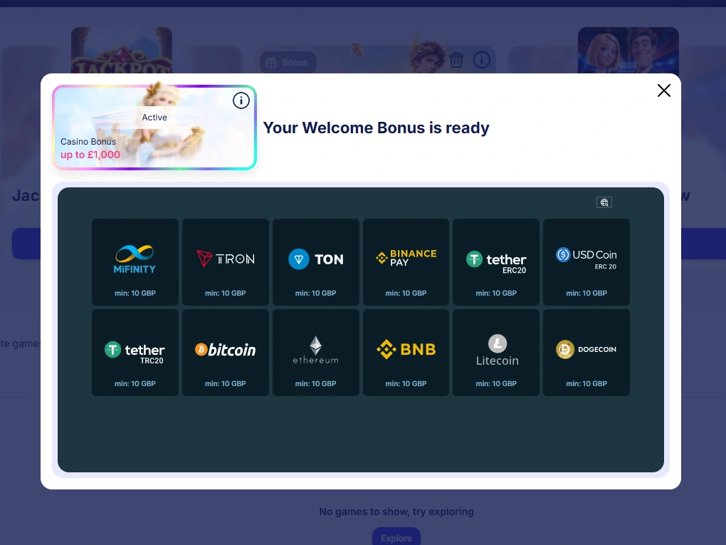 Deposit methods list including crypto options and MiFinity, each with a £10 minimum
